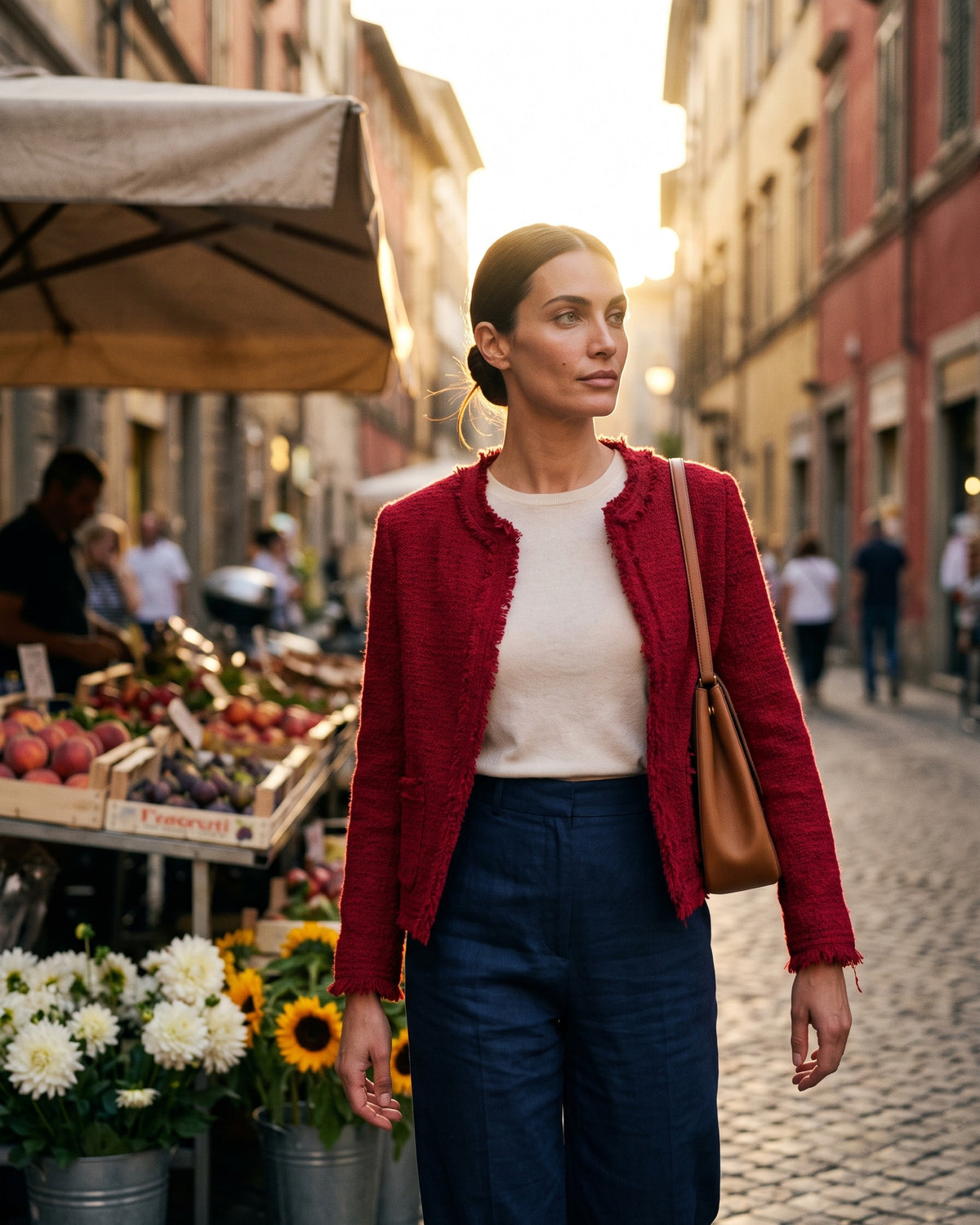 Giacca corta rosso rubino su top panna e pantaloni blu, tra le bancarelle di un mercato al tramonto