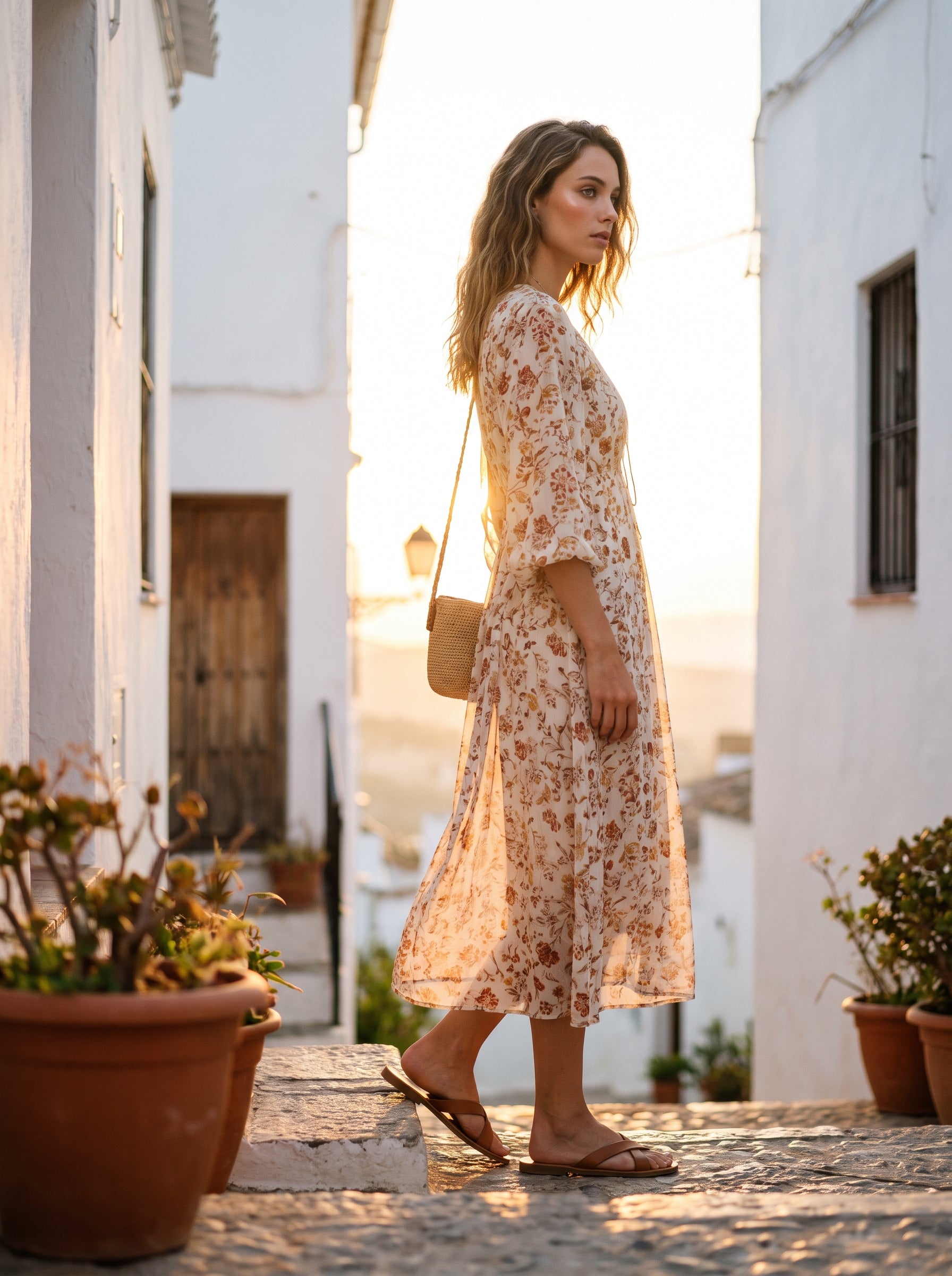 Vestido midi de estampado floral en tonos terracota bajando por un callejon encalado al atardecer