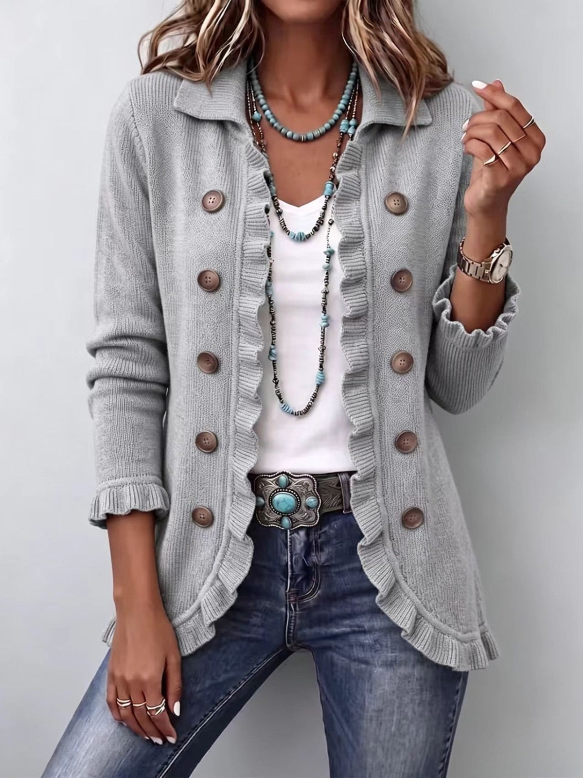 Angelina | Giacca in maglia grigio melange con volant