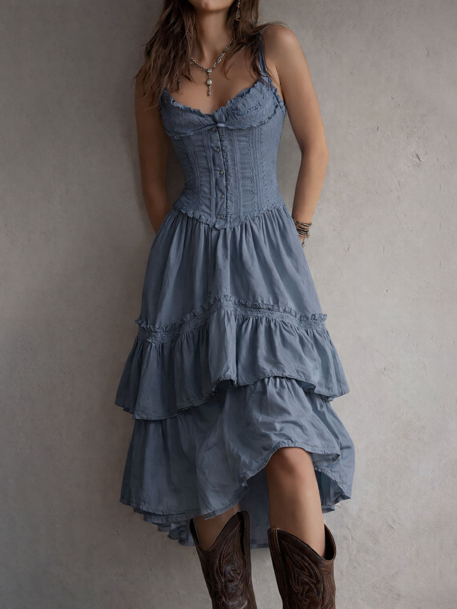 Rosanna, vestito midi con corpetto e gonna a balze con pizzo, blu denim