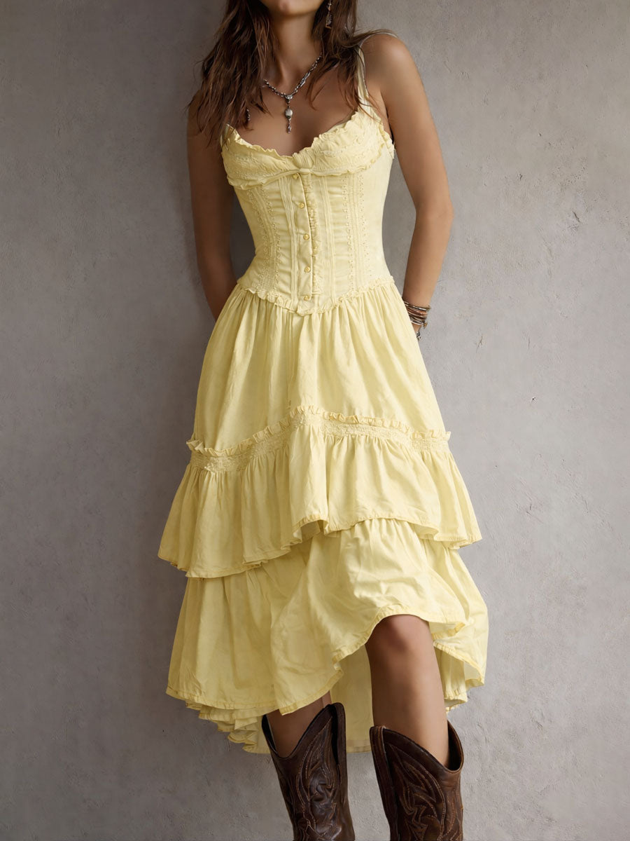 Rosanna, vestito midi con corpetto e gonna a balze con pizzo, giallo chiaro