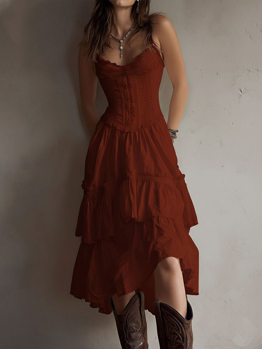 Rosanna, vestito midi con corpetto e gonna a balze con pizzo, ruggine