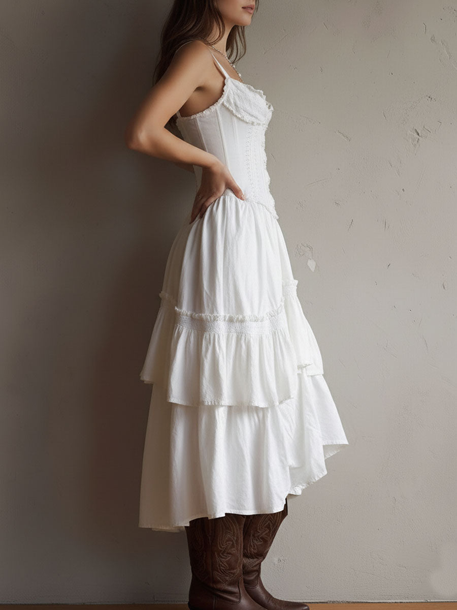 Rosanna, vestito midi con corpetto e gonna a balze con pizzo