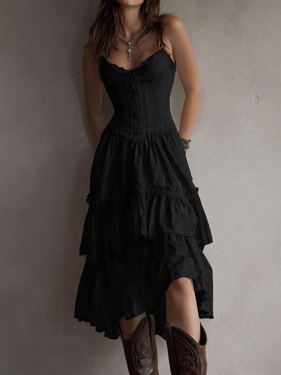 Rosanna, vestito midi con corpetto e gonna a balze con pizzo, nero