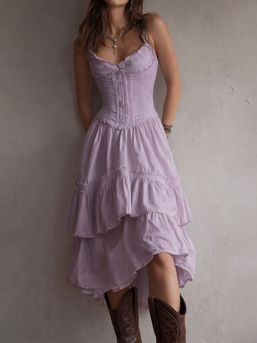 Rosanna, vestito midi con corpetto e gonna a balze con pizzo, lilla