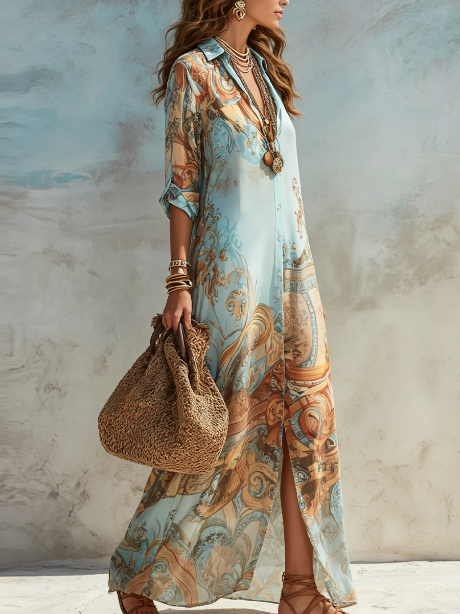 Eugenia, vestito lungo in chiffon con stampa barocca e bottoni