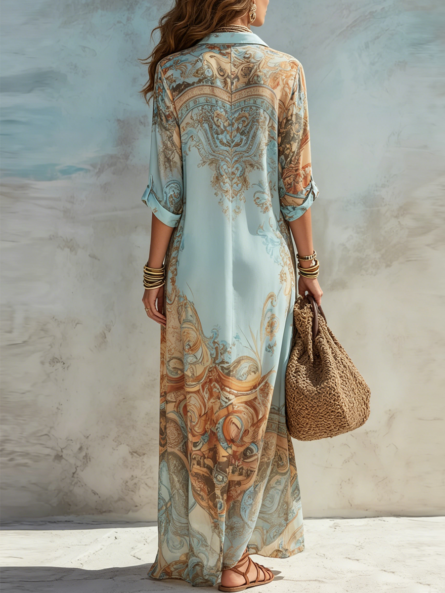 Eugenia, vestito lungo in chiffon con stampa barocca e bottoni