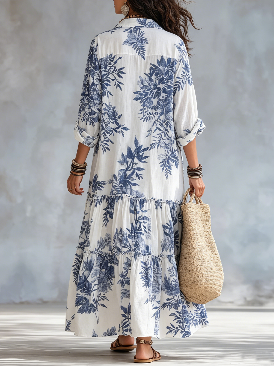 Liliana, vestito lungo a fiori blu con bottoni