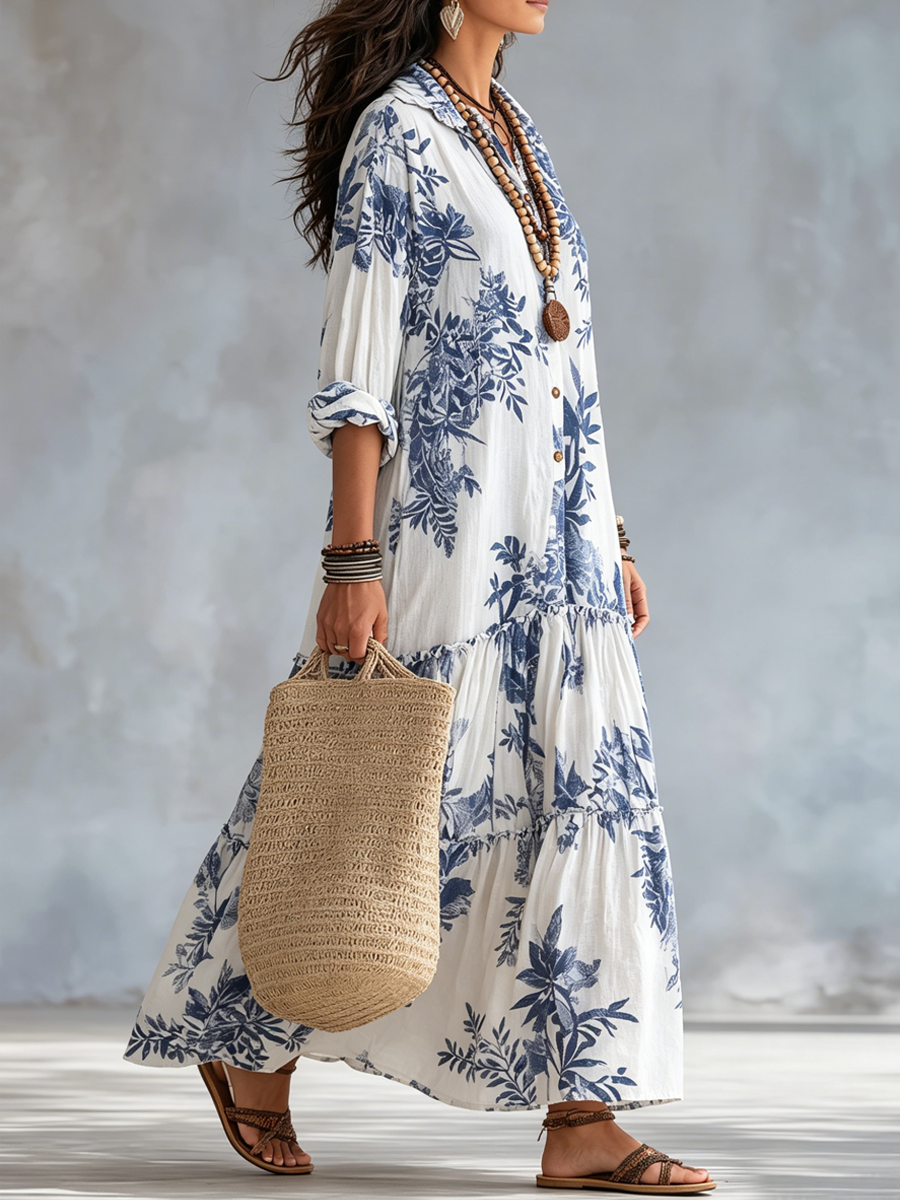 Liliana, vestito lungo a fiori blu con bottoni