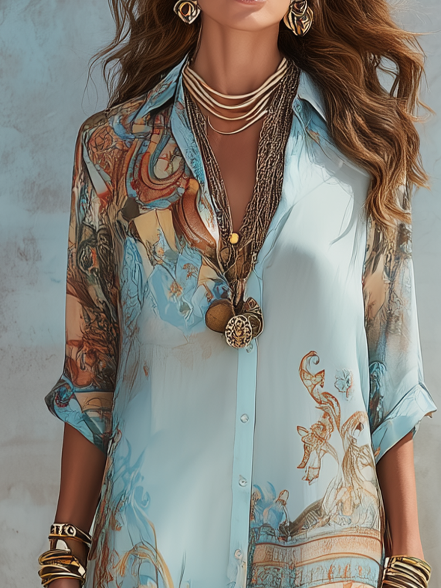 Eugenia, vestito lungo in chiffon con stampa barocca e bottoni