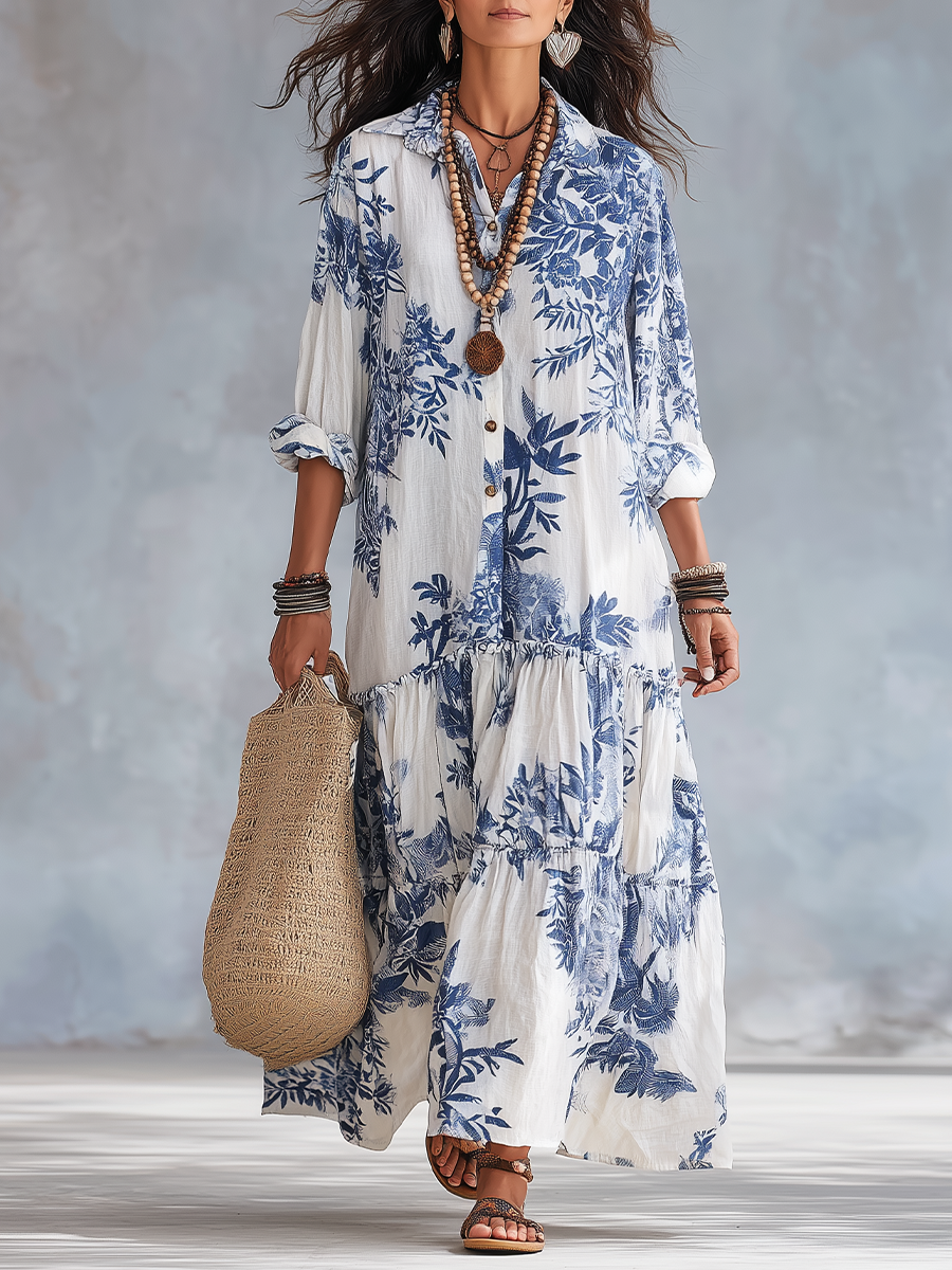 Liliana, vestito lungo a fiori blu con bottoni, bianco e blu