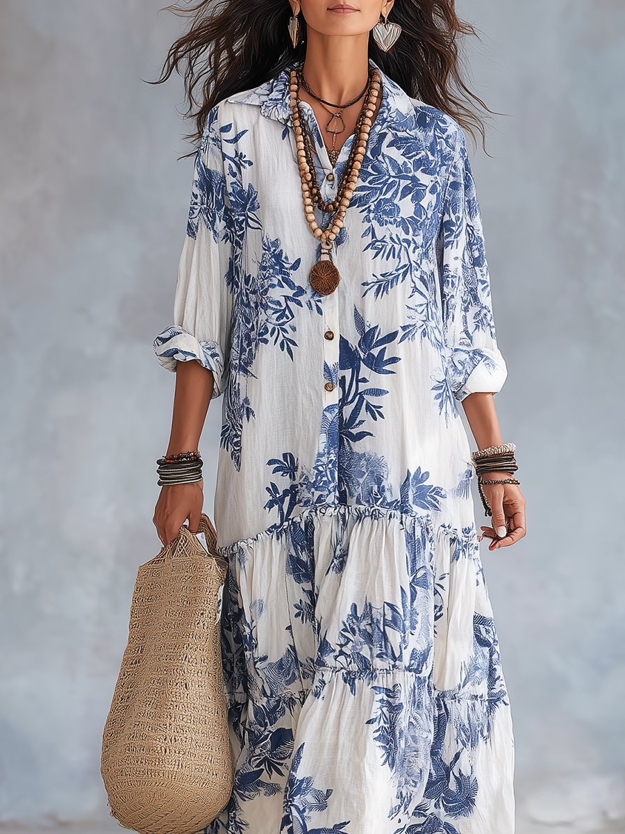 Liliana, vestito lungo a fiori blu con bottoni
