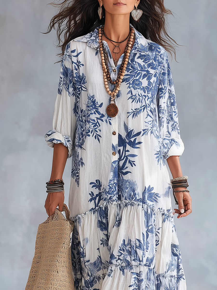 Liliana, vestito lungo a fiori blu con bottoni