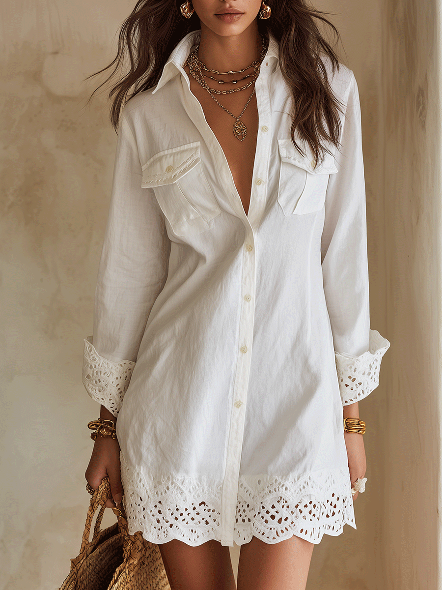 Lucilla, vestito chemisier corto con orlo ricamato, bianco