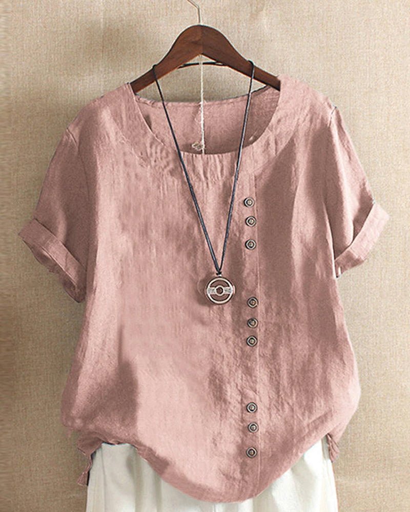 Miranda, t-shirt effetto lino con bottoni decorativi, rosa chiaro