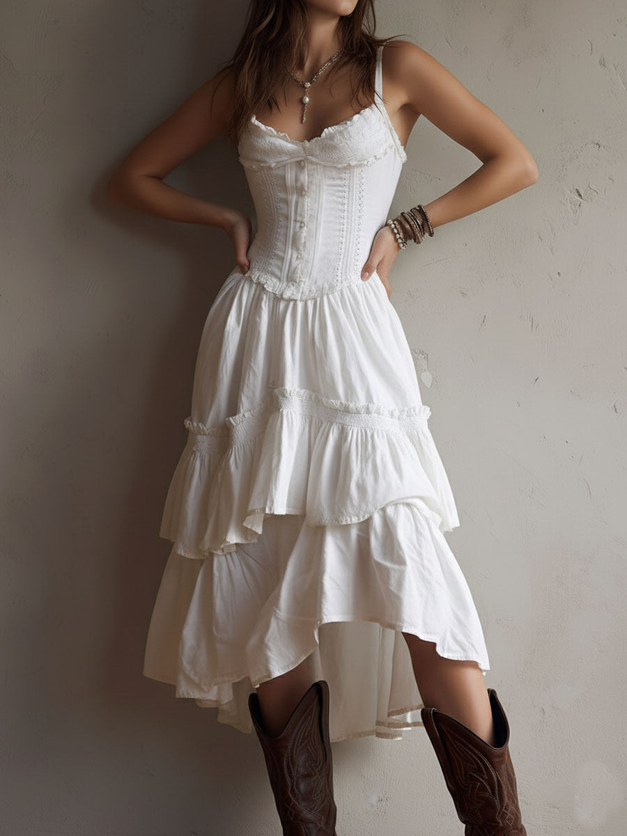 Rosanna, vestito midi con corpetto e gonna a balze con pizzo