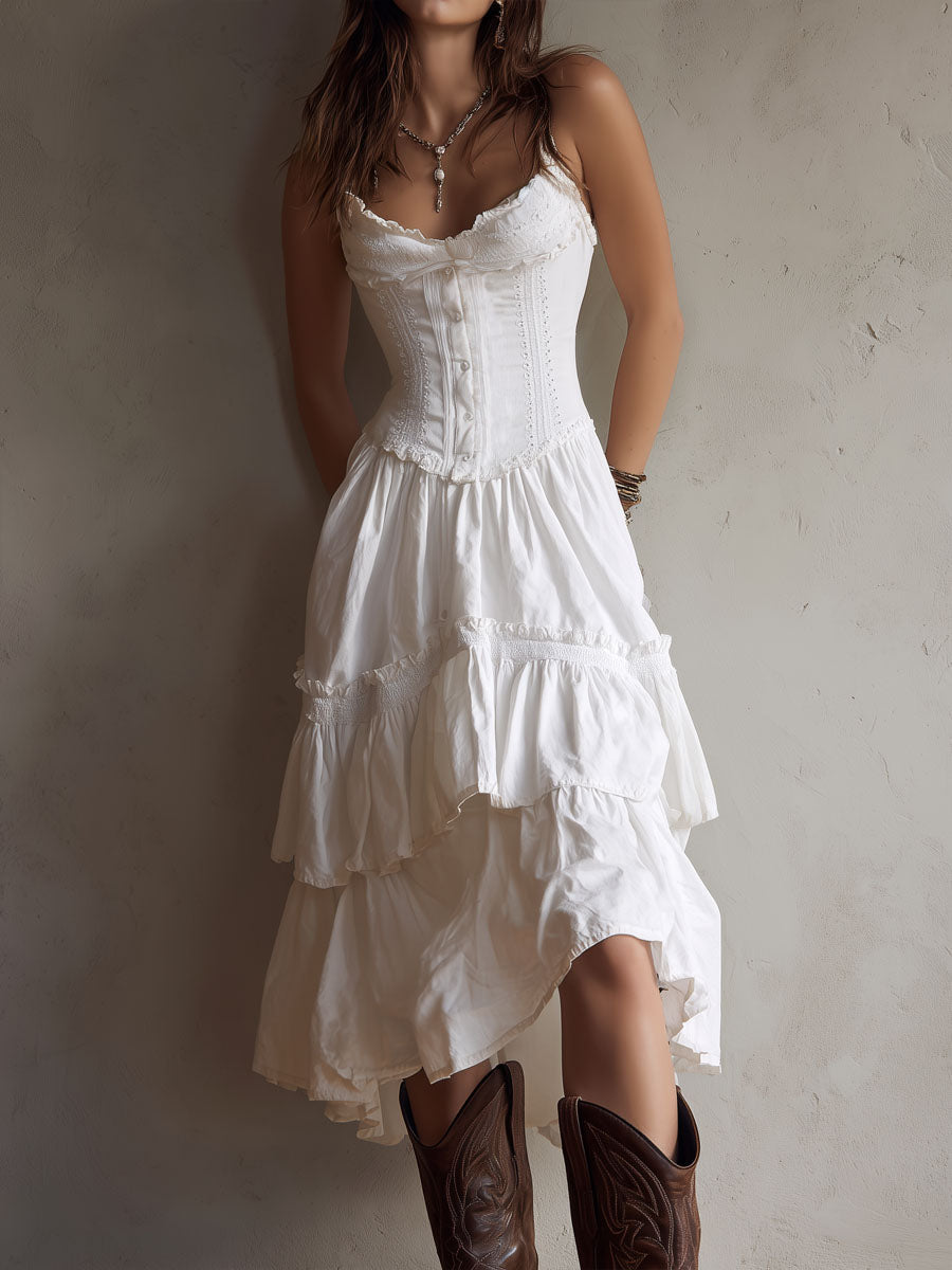 Rosanna, vestito midi con corpetto e gonna a balze con pizzo, bianco