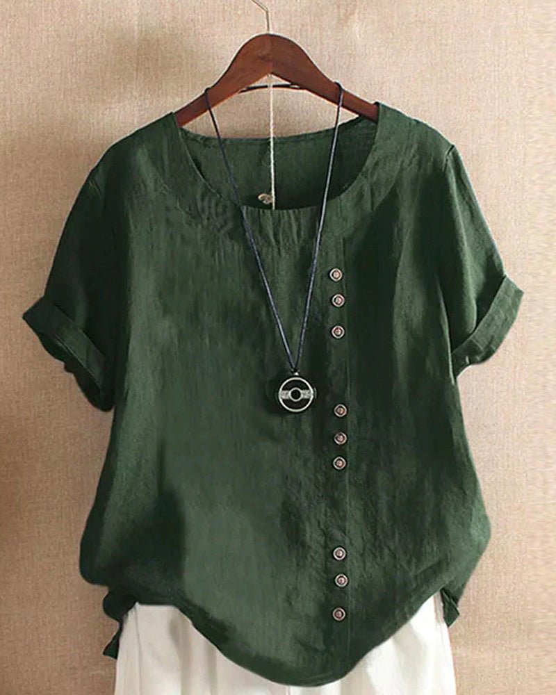 Miranda, t-shirt effetto lino con bottoni decorativi, verde bosco