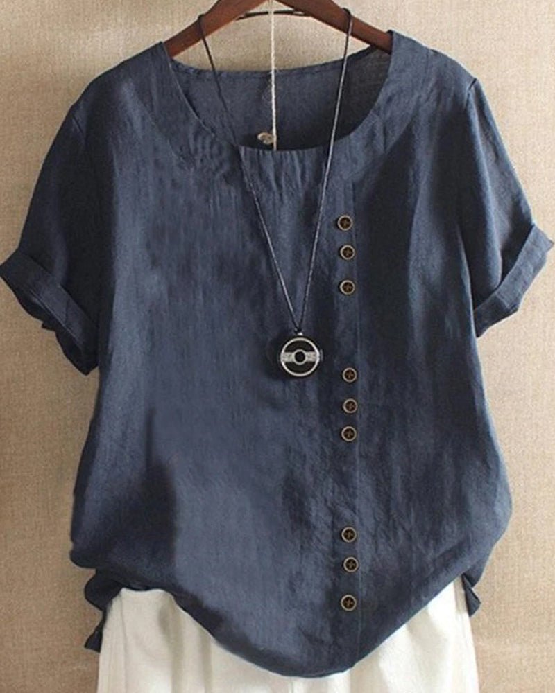 Miranda, t-shirt effetto lino con bottoni decorativi, blu navy