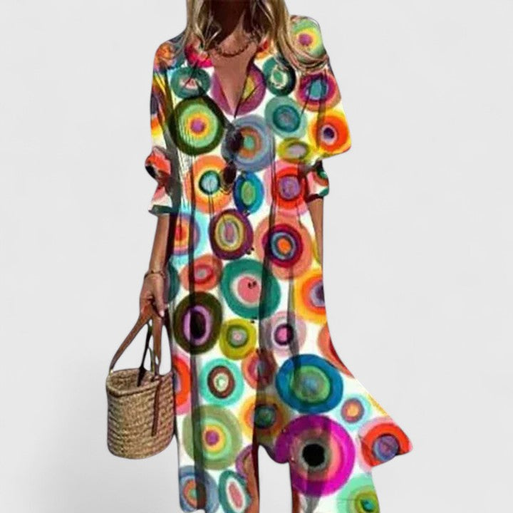 Vanessa, vestito chemisier lungo stampato con maniche a tre quarti, multicolore a cerchi