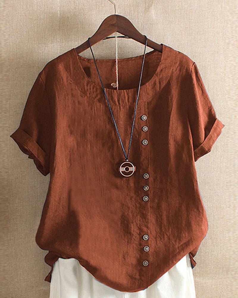 Miranda, t-shirt effetto lino con bottoni decorativi, ruggine