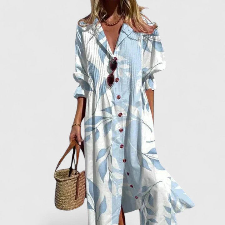 Vanessa, vestito chemisier lungo stampato con maniche a tre quarti, celeste