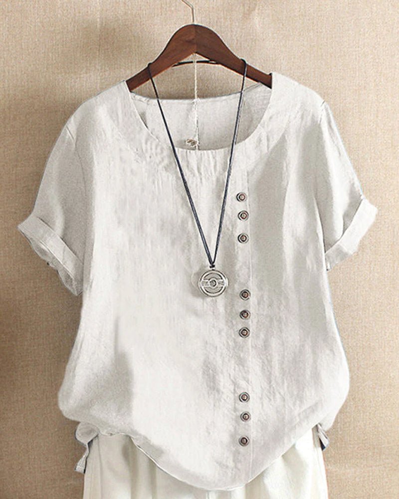 Miranda, t-shirt effetto lino con bottoni decorativi, bianco