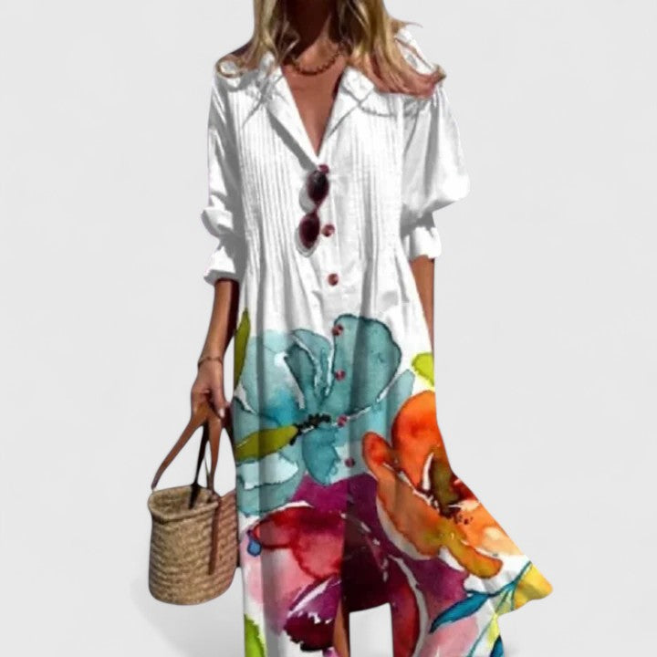 Vanessa, vestito chemisier lungo stampato con maniche a tre quarti, bianco