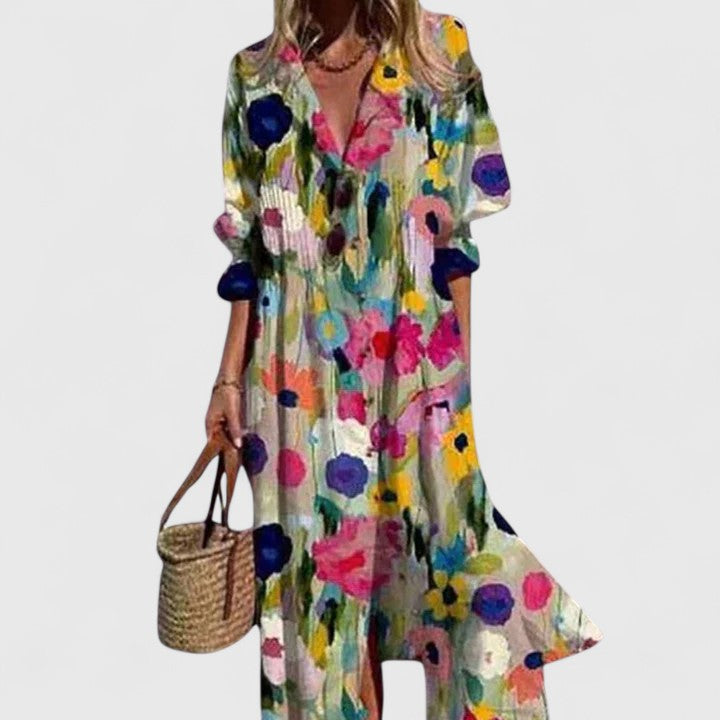 Vanessa, vestito chemisier lungo stampato con maniche a tre quarti, multicolore floreale
