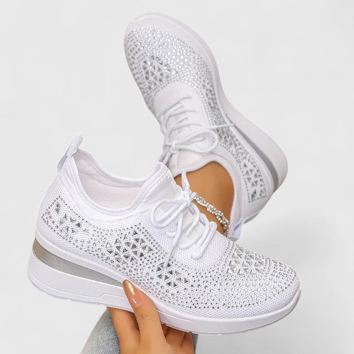 Donatella | Sneakers in maglia con strass e suola rialzata - Bianco