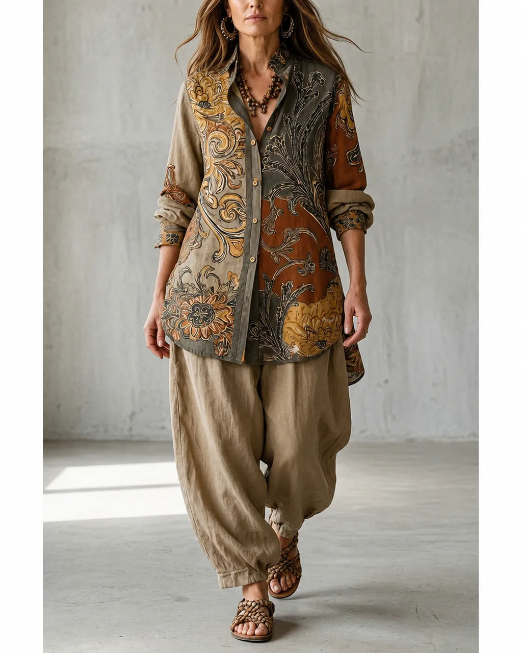 Romina, coordinato tunica stampata e pantaloni alla turca, beige