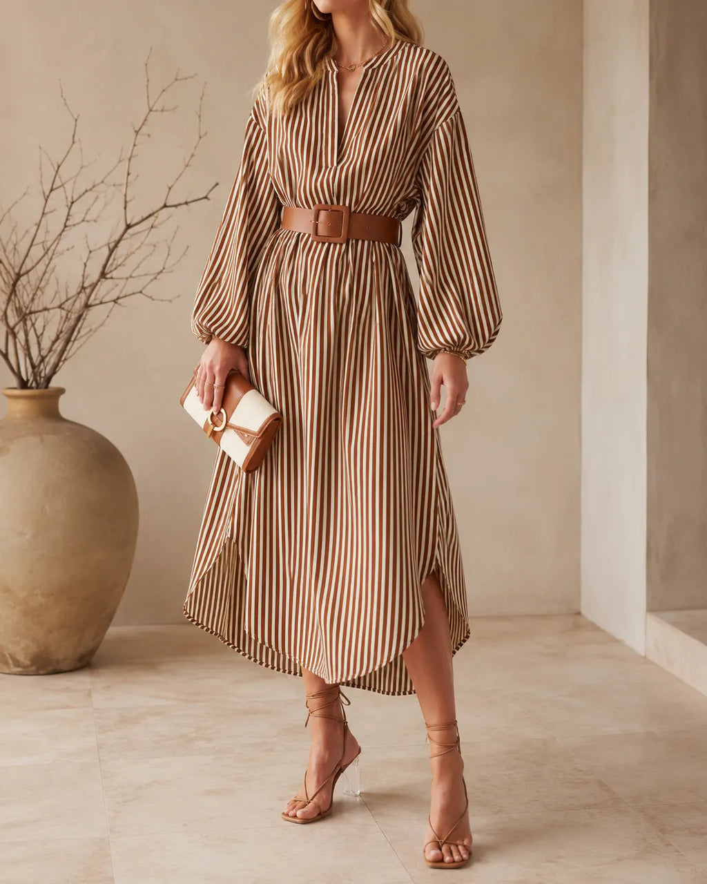 Selene, vestito chemisier midi a righe con cintura