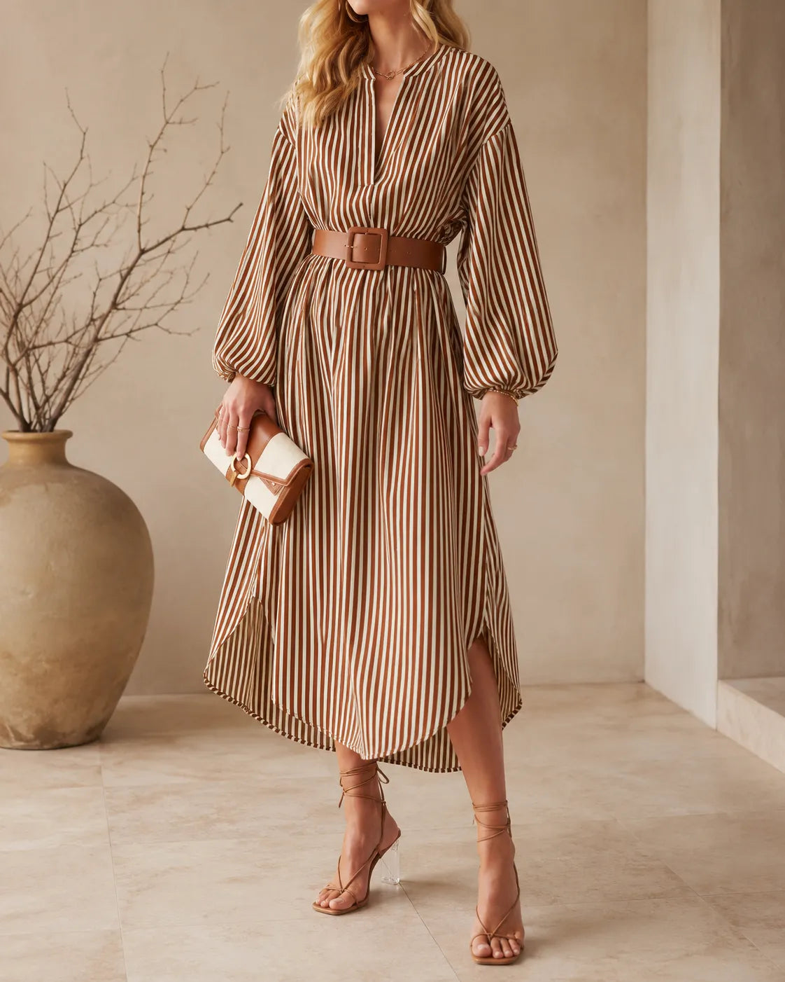Selene, vestito chemisier midi a righe con cintura
