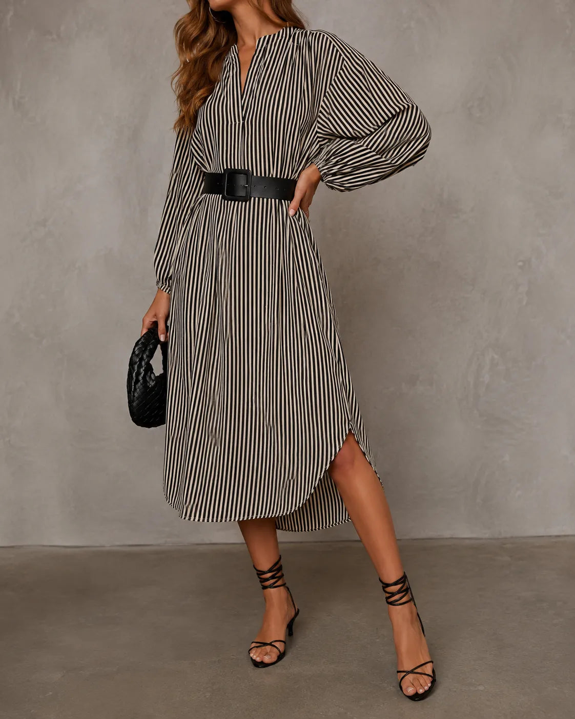 Selene, vestito chemisier midi a righe con cintura, righe nere
