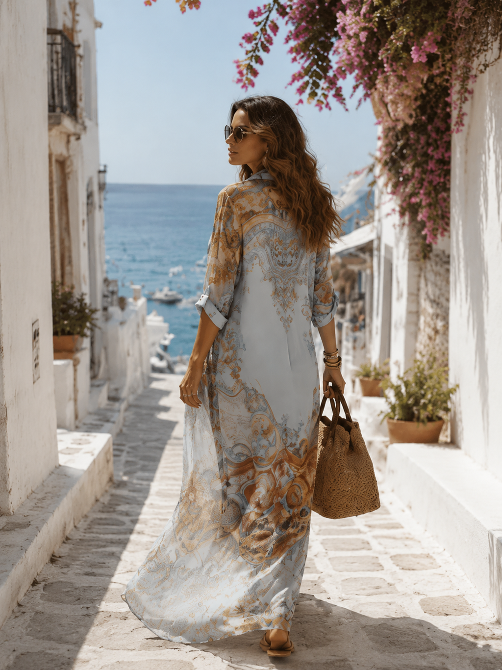 Eugenia, vestito lungo in chiffon con stampa barocca e bottoni