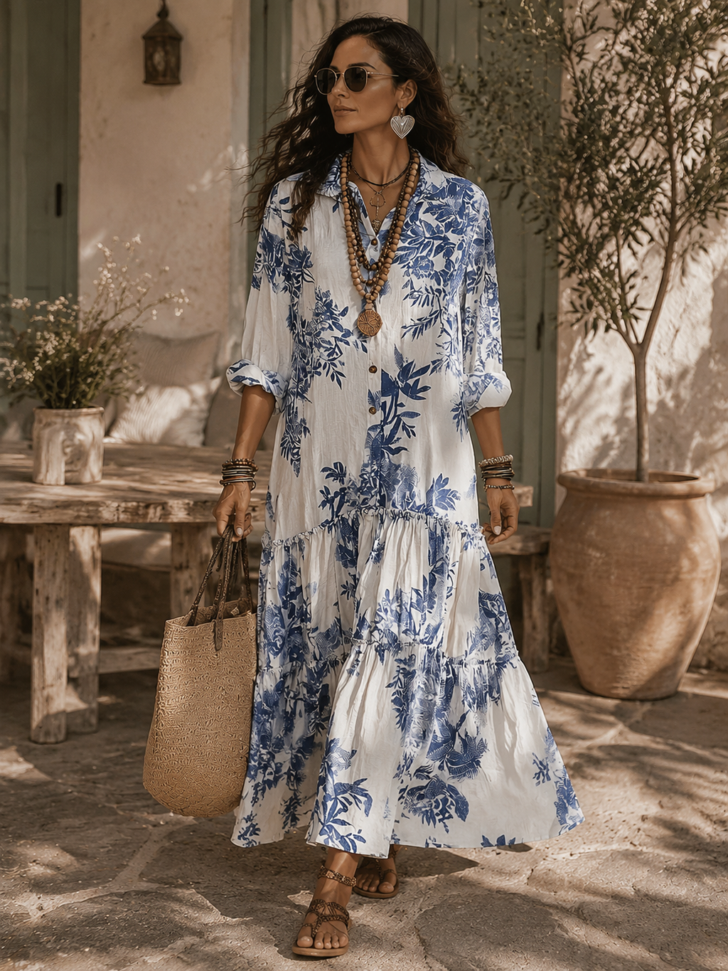Liliana, vestito lungo a fiori blu con bottoni