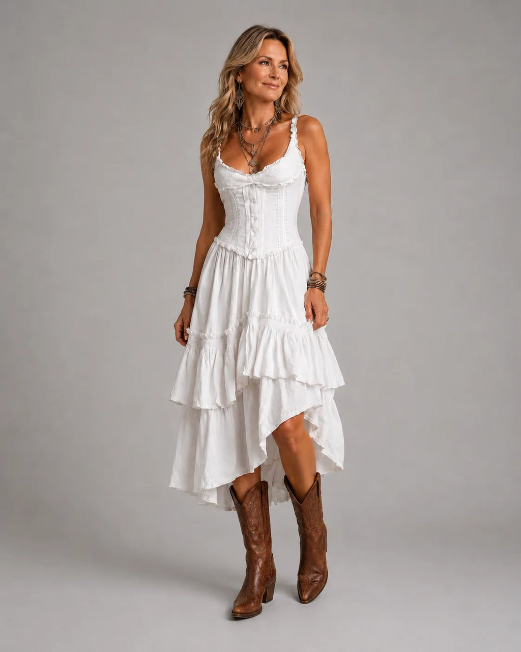 Rosanna, vestito midi con corpetto e gonna a balze con pizzo