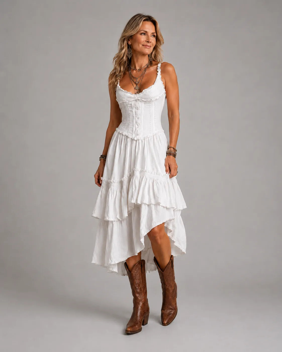 Rosanna, vestito midi con corpetto e gonna a balze con pizzo