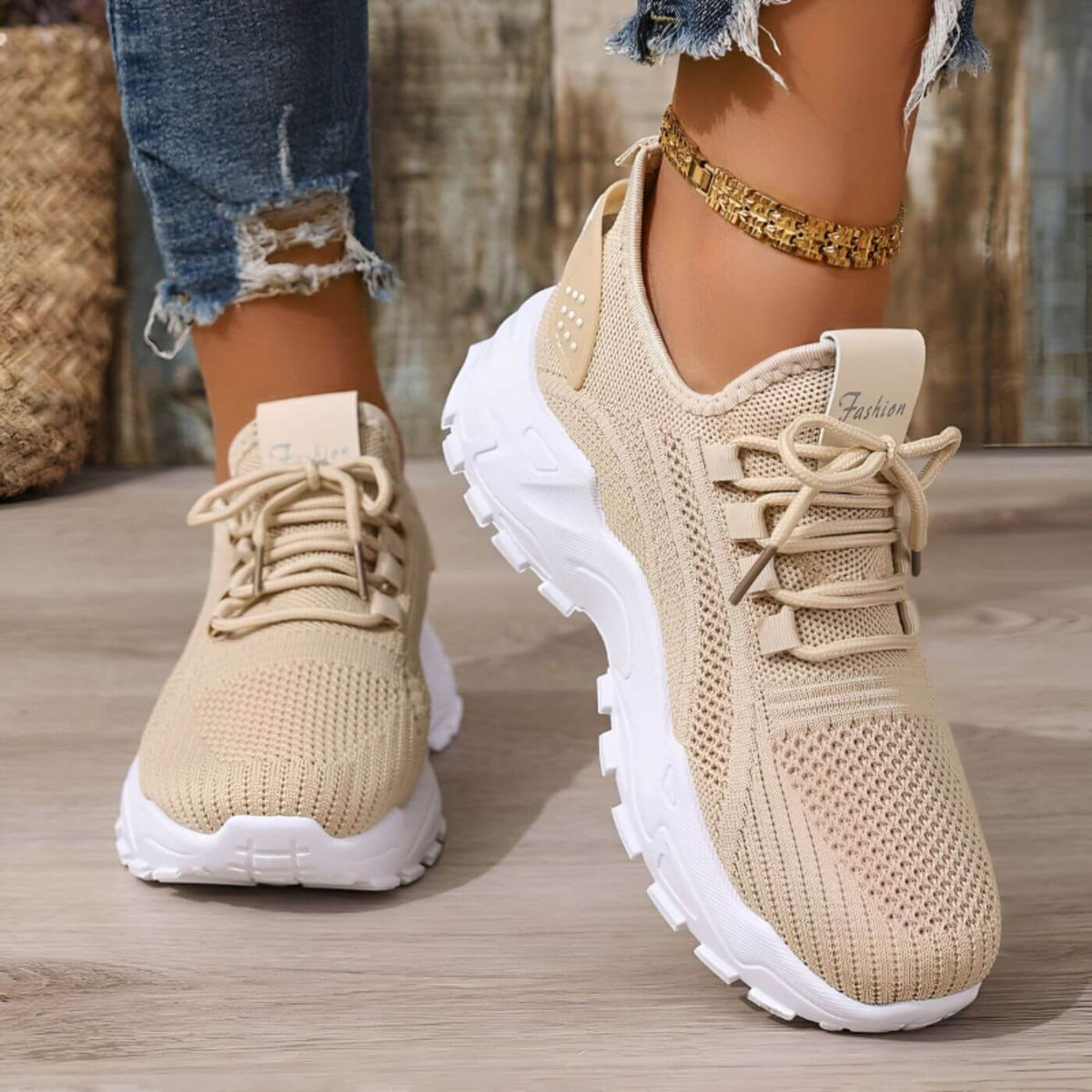 Greta | Sneakers in maglia con suola alta - Khaki