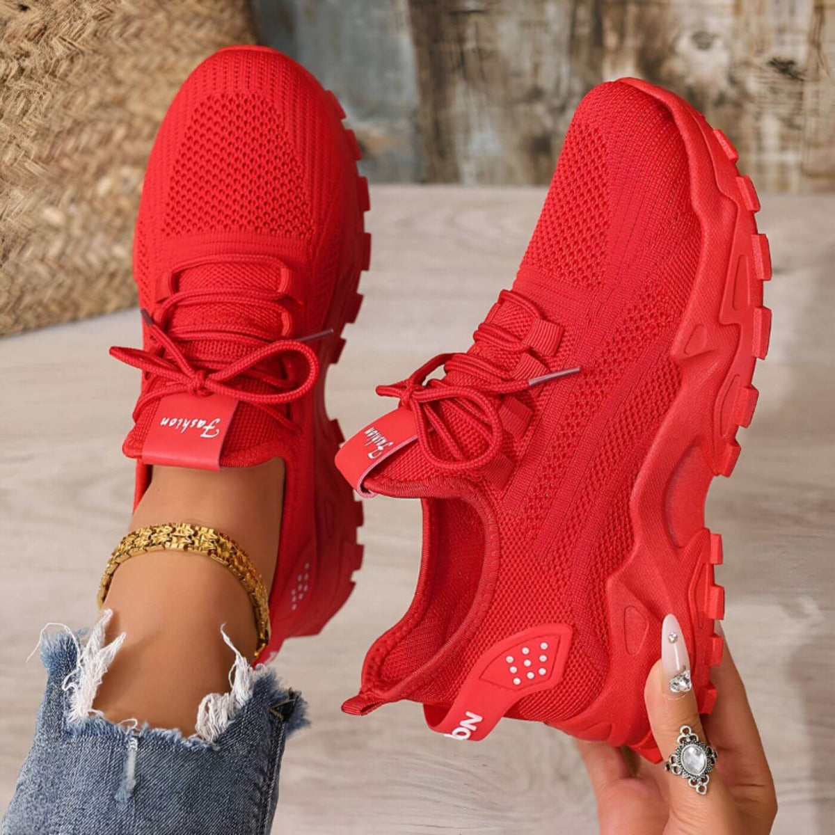 Greta | Sneakers in maglia con suola alta - Rosso