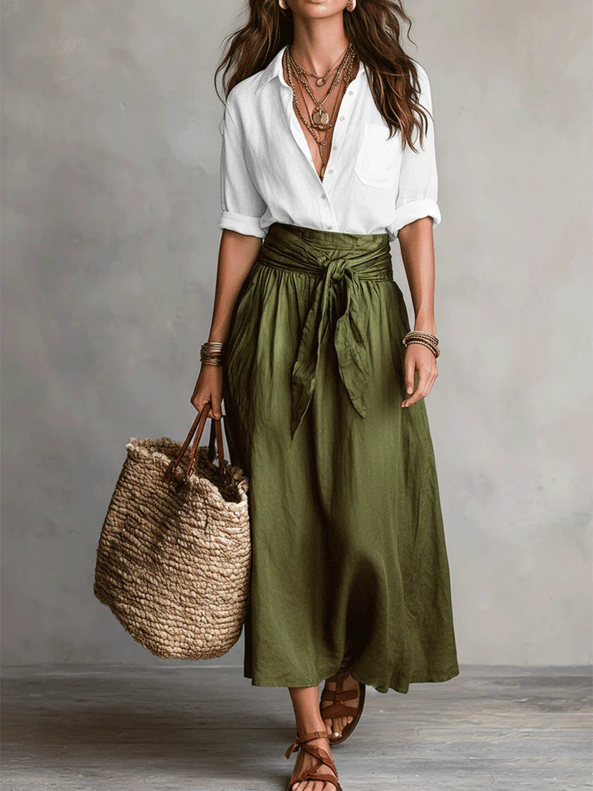 Camilla, coordinato camicia e gonna midi con cintura da annodare, bianco e verde oliva