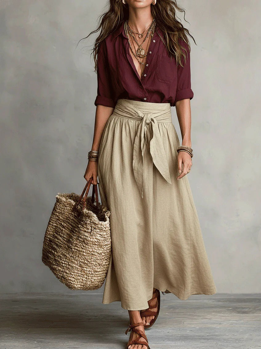 Camilla, coordinato camicia e gonna midi con cintura da annodare, bordeaux e beige
