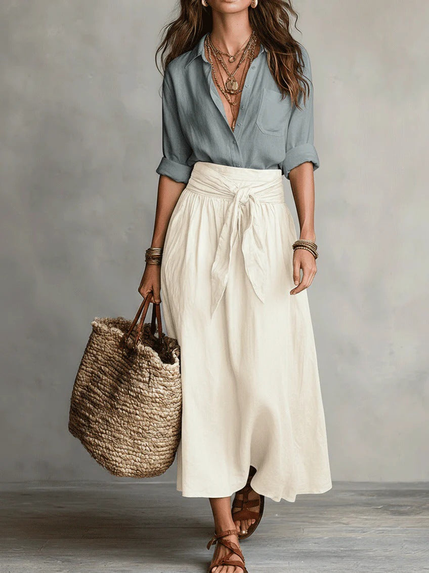 Camilla, coordinato camicia e gonna midi con cintura da annodare, azzurro e crema