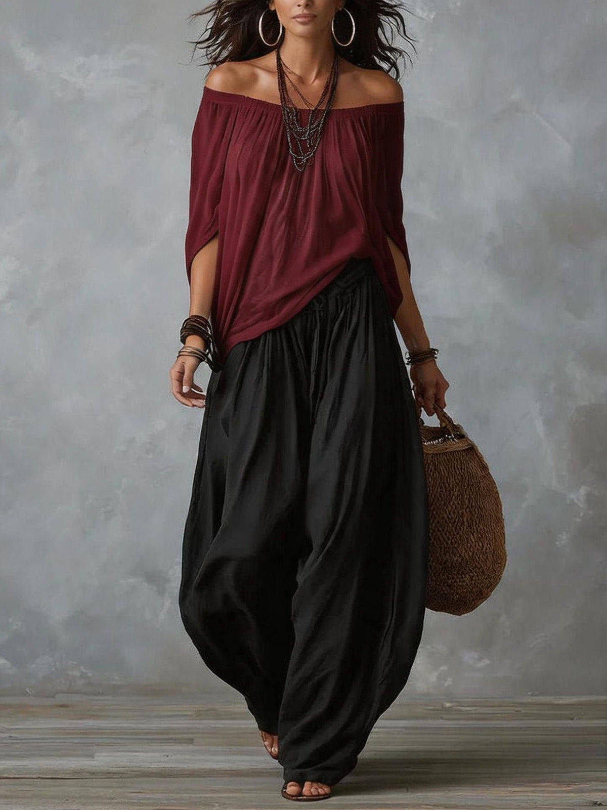 Cloe, coordinato top spalle scoperte e pantaloni alla turca, bordeaux