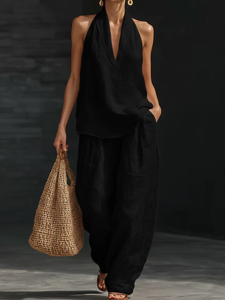 Nora, coordinato top con scollo halter e pantaloni a gamba larga, nero