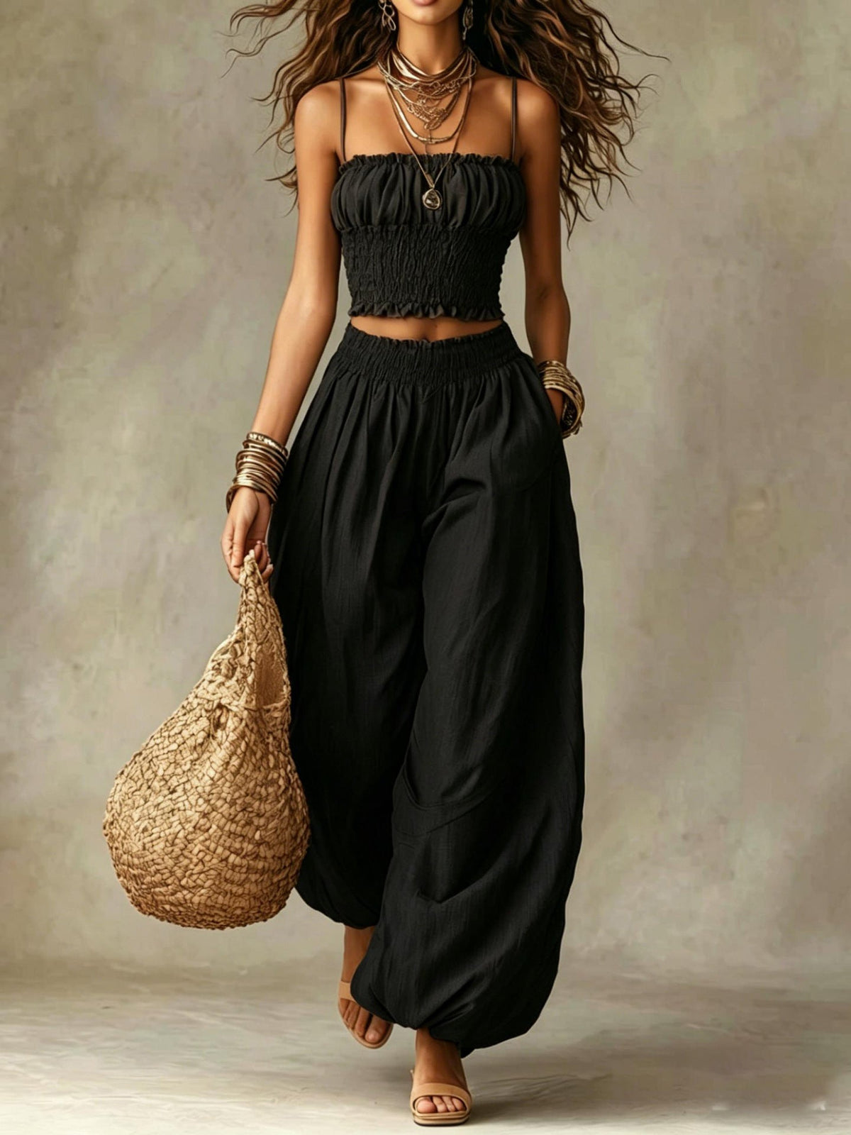 Marzia, coordinato top arricciato e pantaloni alla turca