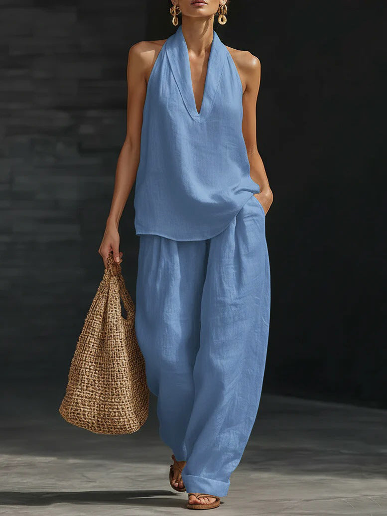 Nora, coordinato top con scollo halter e pantaloni a gamba larga, blu denim