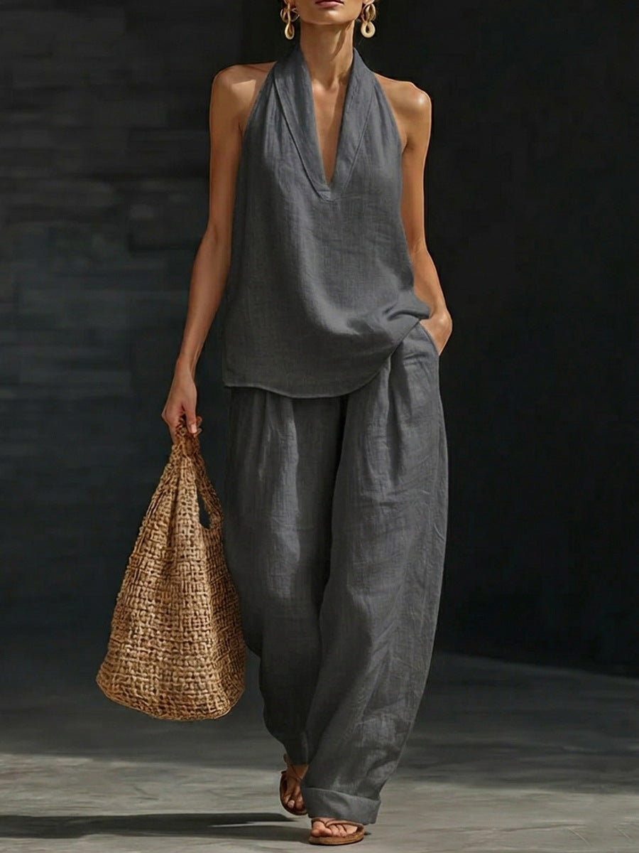 Nora, coordinato top con scollo halter e pantaloni a gamba larga, grigio