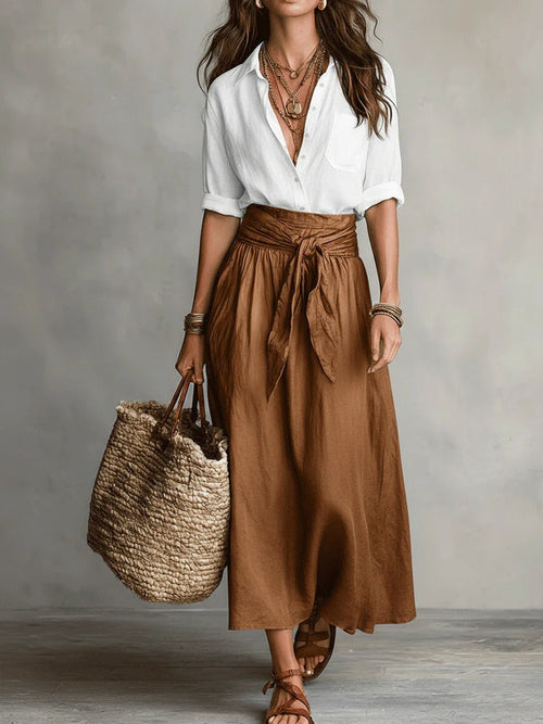Camilla, coordinato camicia e gonna midi con cintura da annodare, bianco e marrone