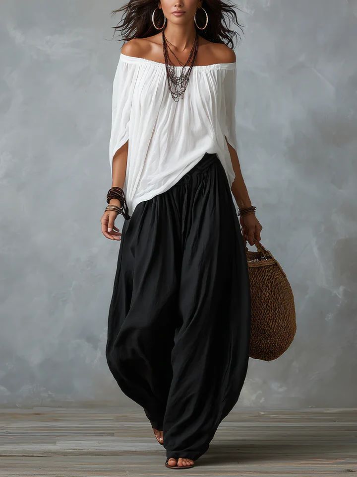 Cloe, coordinato top spalle scoperte e pantaloni alla turca, bianco